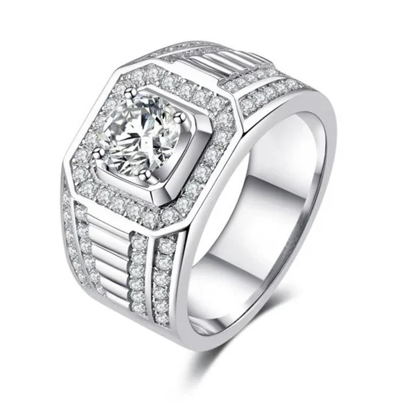 💝 Fever Square Glitter Zircon Silver Chunky Wedding Rings for Man, PD663